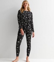 New Look Tall Black Soft Touch Legging Pyjama Set with Star Print